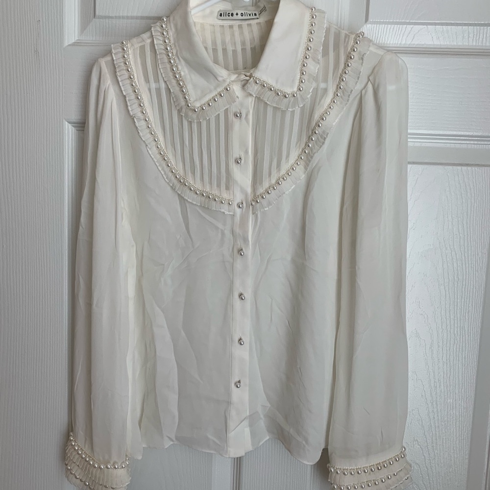 Alice + Olivia White Sheer Button Down Shirt - Picture 6 of 8